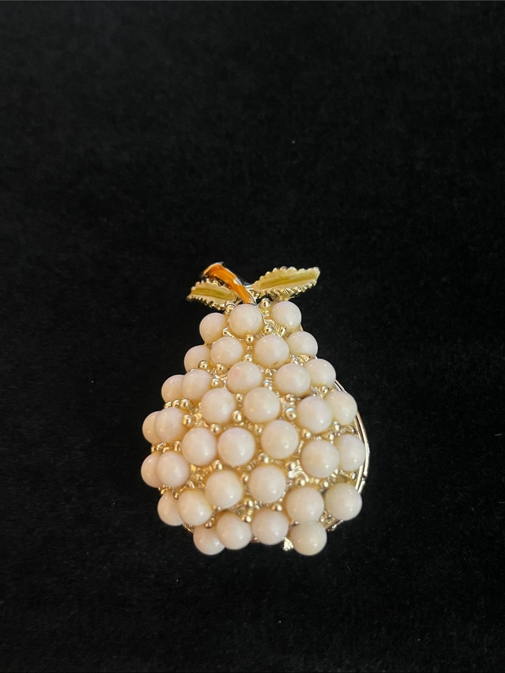 Vintage Cream Beaded Pear Brooch with Gold Leaf Accent.